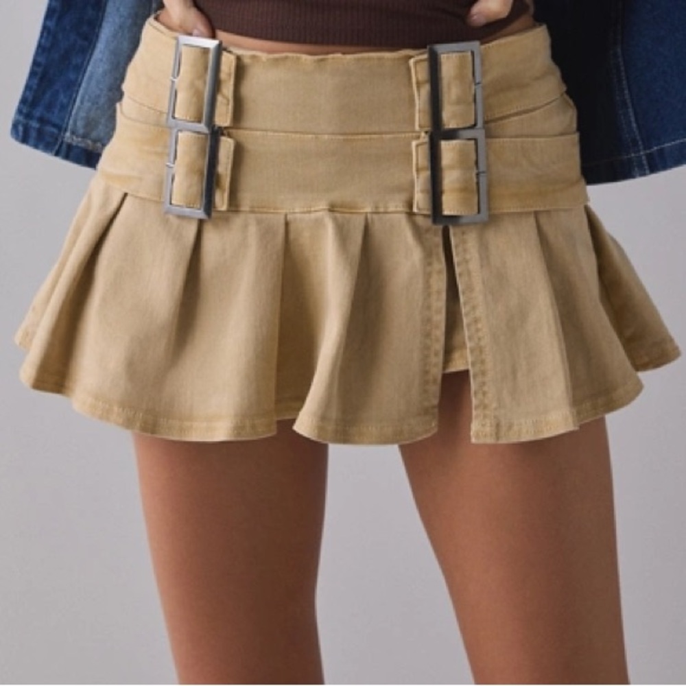 Y2K Belted Denim Pleated Mini Skirt